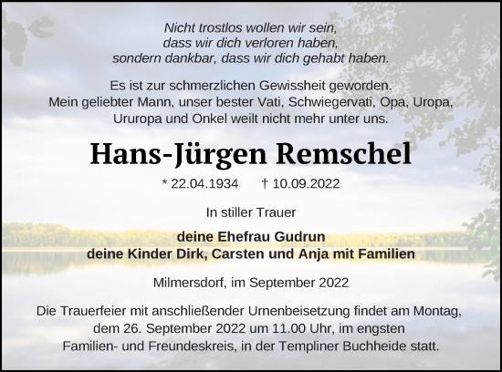 Traueranzeige von Hans-Jürgen Remschel von Templiner Zeitung