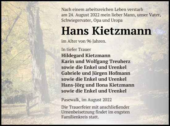 Traueranzeige von Hans Kietzmann von Pasewalker Zeitung