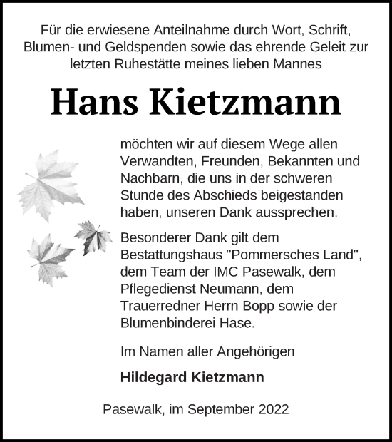 Traueranzeige von Hans Kietzmann von Pasewalker Zeitung