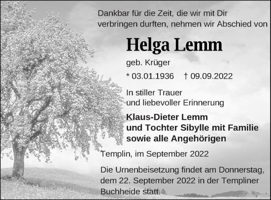 Traueranzeige von Helga Lemm von Templiner Zeitung