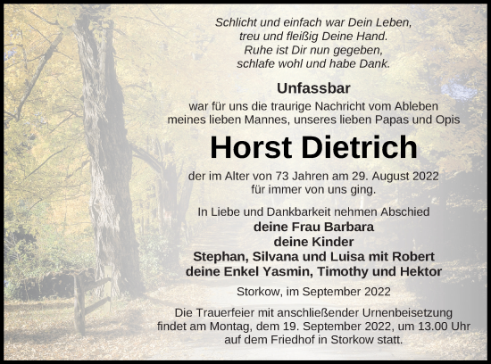 Traueranzeige von Horst Dietrich von Templiner Zeitung