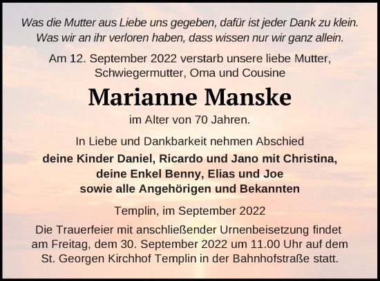 Traueranzeige von Marianne Manske von Templiner Zeitung