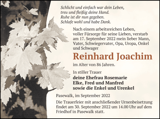 Traueranzeige von Reinhard Joachim von Pasewalker Zeitung