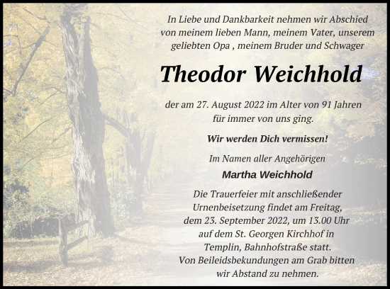 Traueranzeige von Theodor Weichhold von Templiner Zeitung