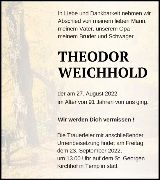 Traueranzeige von Theodor Weichold von Templiner Zeitung