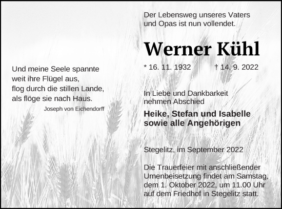 Traueranzeige von Werner Kühl von Templiner Zeitung