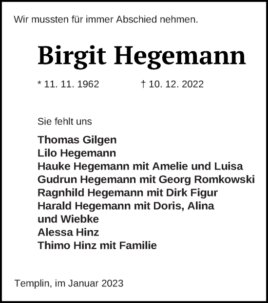 Traueranzeige von Birgit Hegemann von Templiner Zeitung