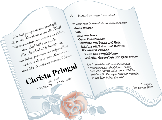 Traueranzeige von Christa Pringal von Haff-Zeitung