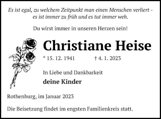 Traueranzeige von Christiane Heise von Pasewalker Zeitung