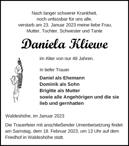 Traueranzeige von Daniela Kliewe von Pasewalker Zeitung