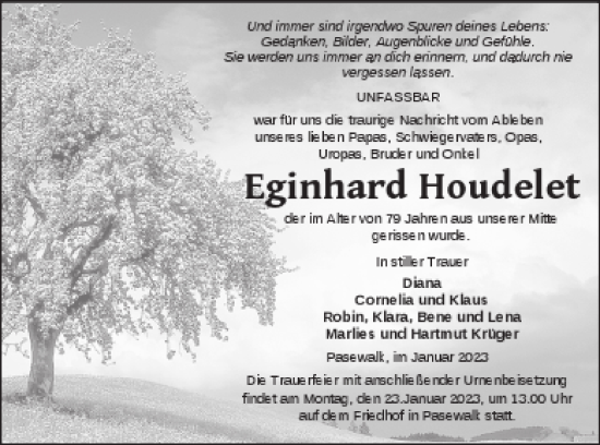 Traueranzeige von Eginhard Houdelet von Pasewalker Zeitung