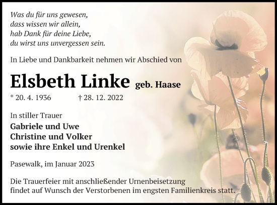 Traueranzeige von Elsbeth Linke von Pasewalker Zeitung