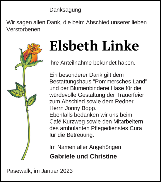 Traueranzeige von Elsbeth Linke von Pasewalker Zeitung
