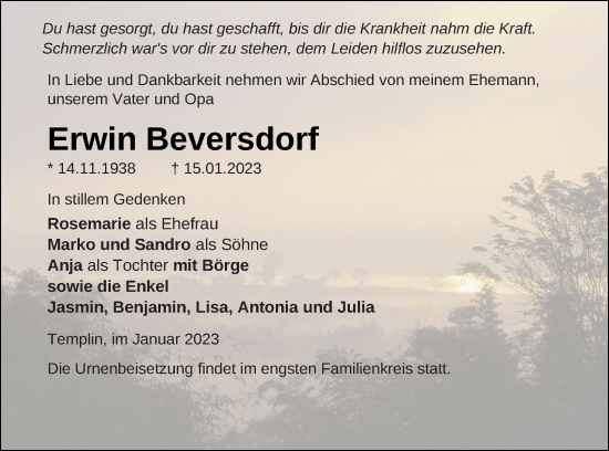 Traueranzeige von Erwin Beversdorf von Templiner Zeitung