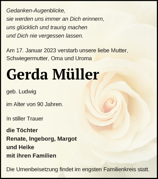 Traueranzeige von Gerda Müller von Pasewalker Zeitung