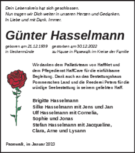 Traueranzeige von Günter Hasselmann von Haff-Zeitung
