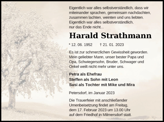 Traueranzeige von Harald Strathmann von Pasewalker Zeitung