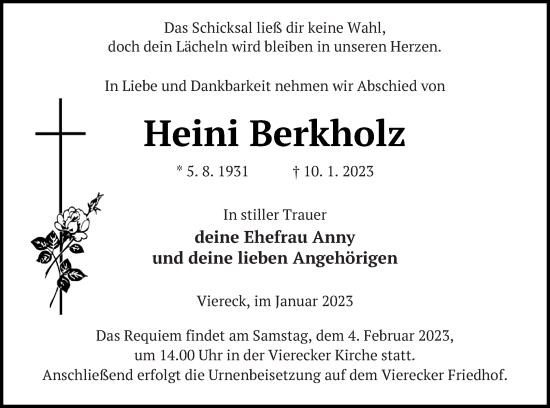 Traueranzeige von Heini Berkholz von Pasewalker Zeitung
