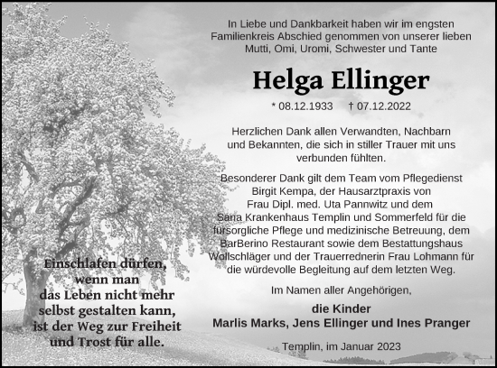 Traueranzeige von Helga Ellinger von Templiner Zeitung