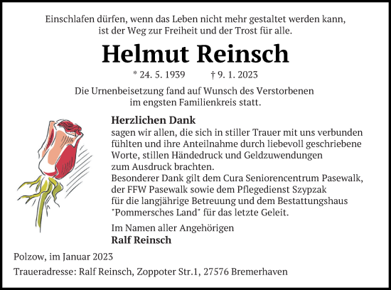 Traueranzeige von Helmut Reinsch von Pasewalker Zeitung