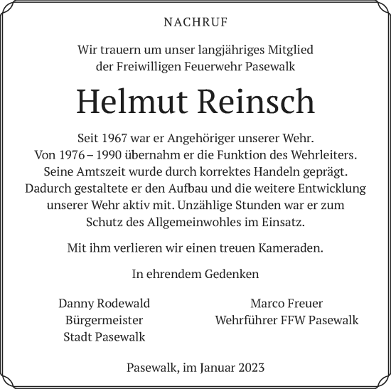 Traueranzeige von Helmut Reinsch von Pasewalker Zeitung