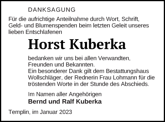 Traueranzeige von Horst Kuberka von Templiner Zeitung