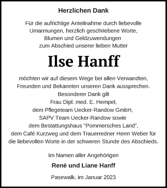 Traueranzeige von Ilse Hanff von Pasewalker Zeitung