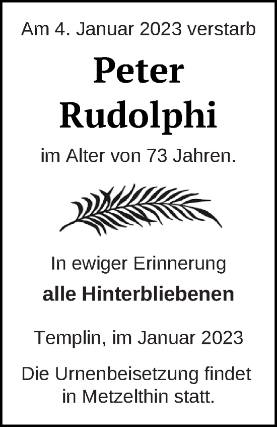 Traueranzeige von Peter Rudolphi von Templiner Zeitung
