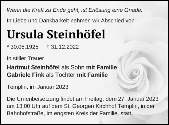 Traueranzeige von Ursula Steinhöfel von Templiner Zeitung