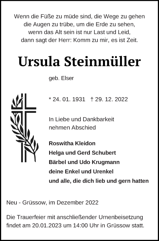 Traueranzeige von Ursula Steinmüller von Müritz-Zeitung