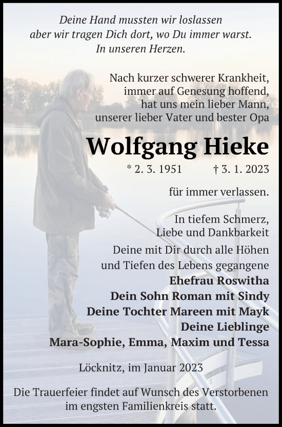 Traueranzeige von Wolfgang Hieke von Pasewalker Zeitung