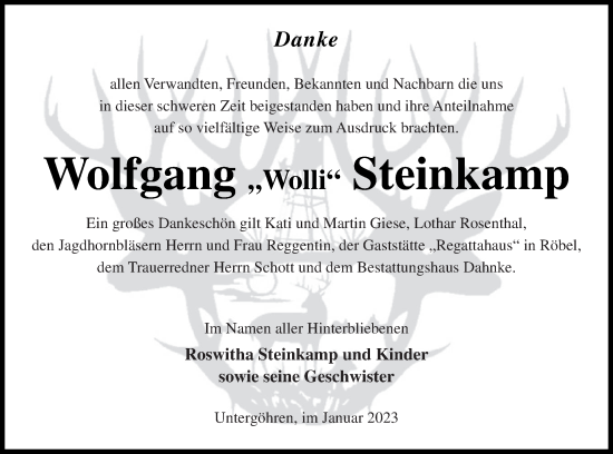 Traueranzeige von Wolfgang Steinkamp von Müritz-Zeitung