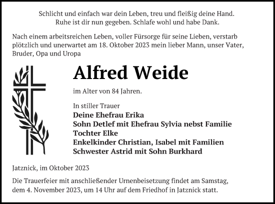 Traueranzeige von Alfred Weide von Pasewalker Zeitung