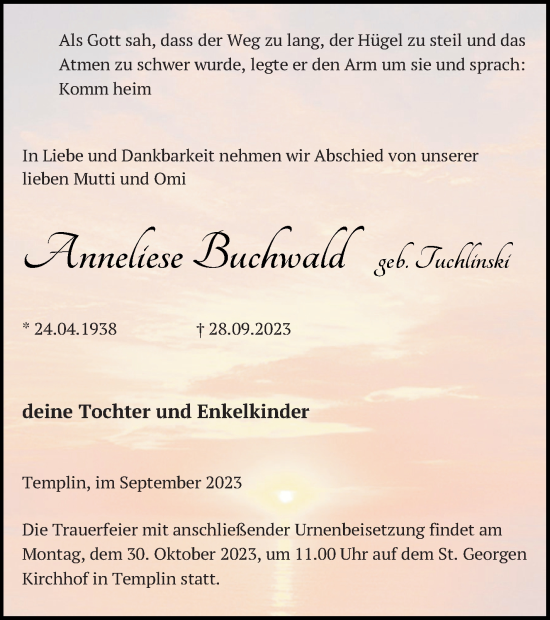 Traueranzeige von Anneliese Buchwald von Templiner Zeitung
