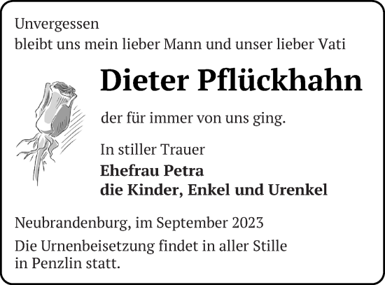 Traueranzeige von Dieter Pflückhahn von Müritz-Zeitung