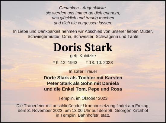 Traueranzeige von Doris Stark von Templiner Zeitung
