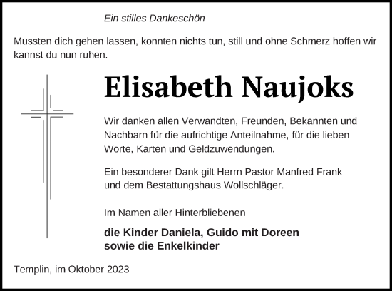 Traueranzeige von Elisabeth Naujoks von Templiner Zeitung