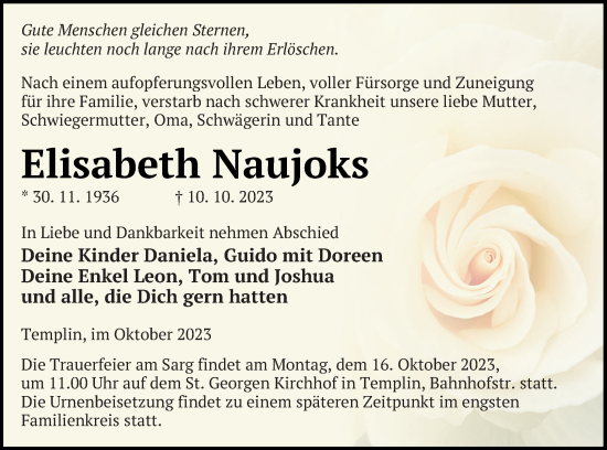 Traueranzeige von Elisabeth Naujoks von Templiner Zeitung