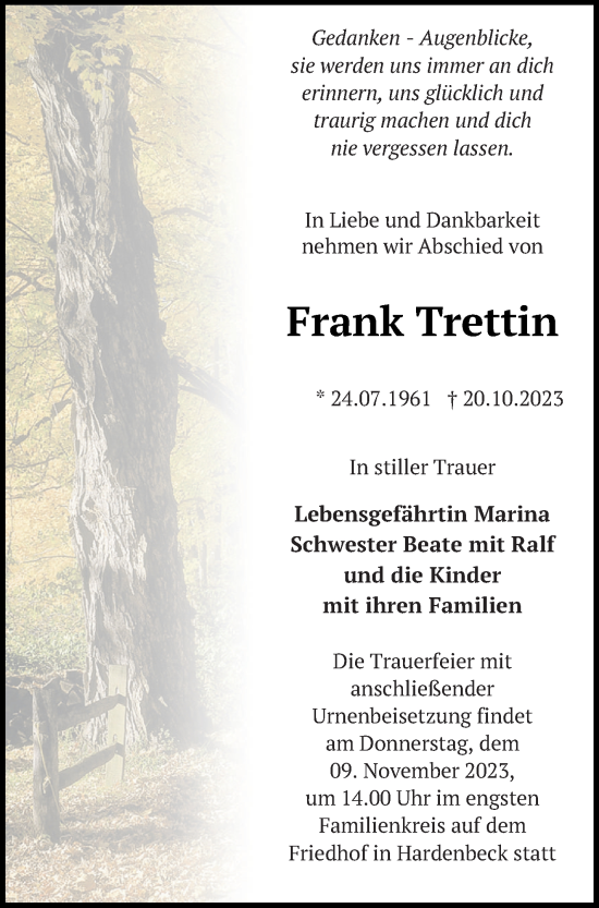 Traueranzeige von Frank Trettin von Templiner Zeitung