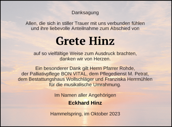 Traueranzeige von Grete Hinz von Templiner Zeitung