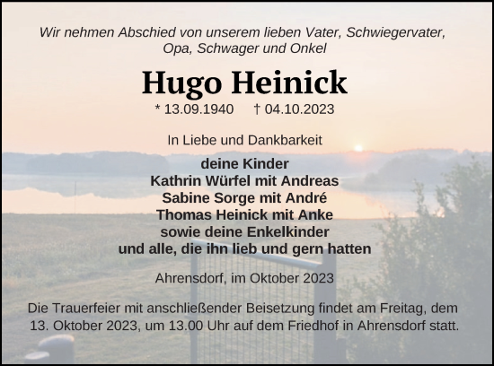 Traueranzeige von Hugo Heinick von Templiner Zeitung