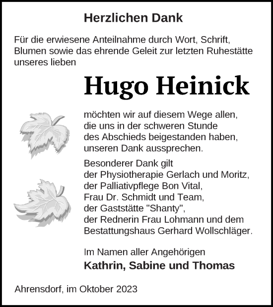 Traueranzeige von Hugo Heinick von Templiner Zeitung