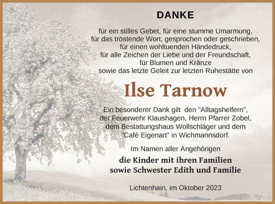 Traueranzeige von Ilse Tarnow von Templiner Zeitung