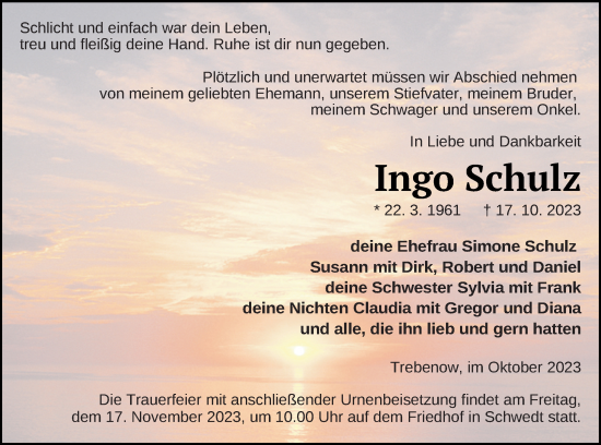 Traueranzeige von Ingo Schulz von Prenzlauer Zeitung