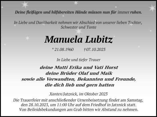 Traueranzeige von Manuela Lubitz von Pasewalker Zeitung