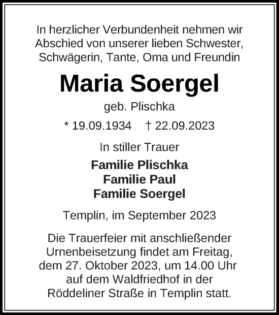 Traueranzeige von Maria Soergel von Templiner Zeitung