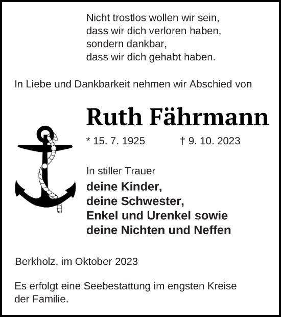 Traueranzeige von Ruth Fährmann von Templiner Zeitung