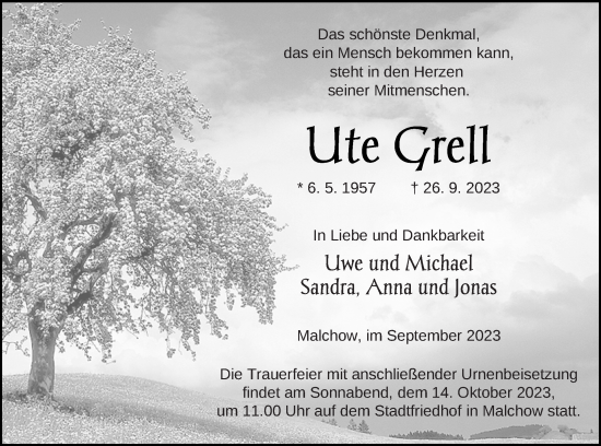Traueranzeige von Ute Grell von Müritz-Zeitung