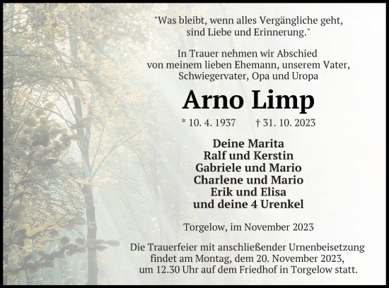 Traueranzeige von Arno Limp von Haff-Zeitung