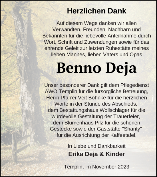 Traueranzeige von Benno Deja von Templiner Zeitung